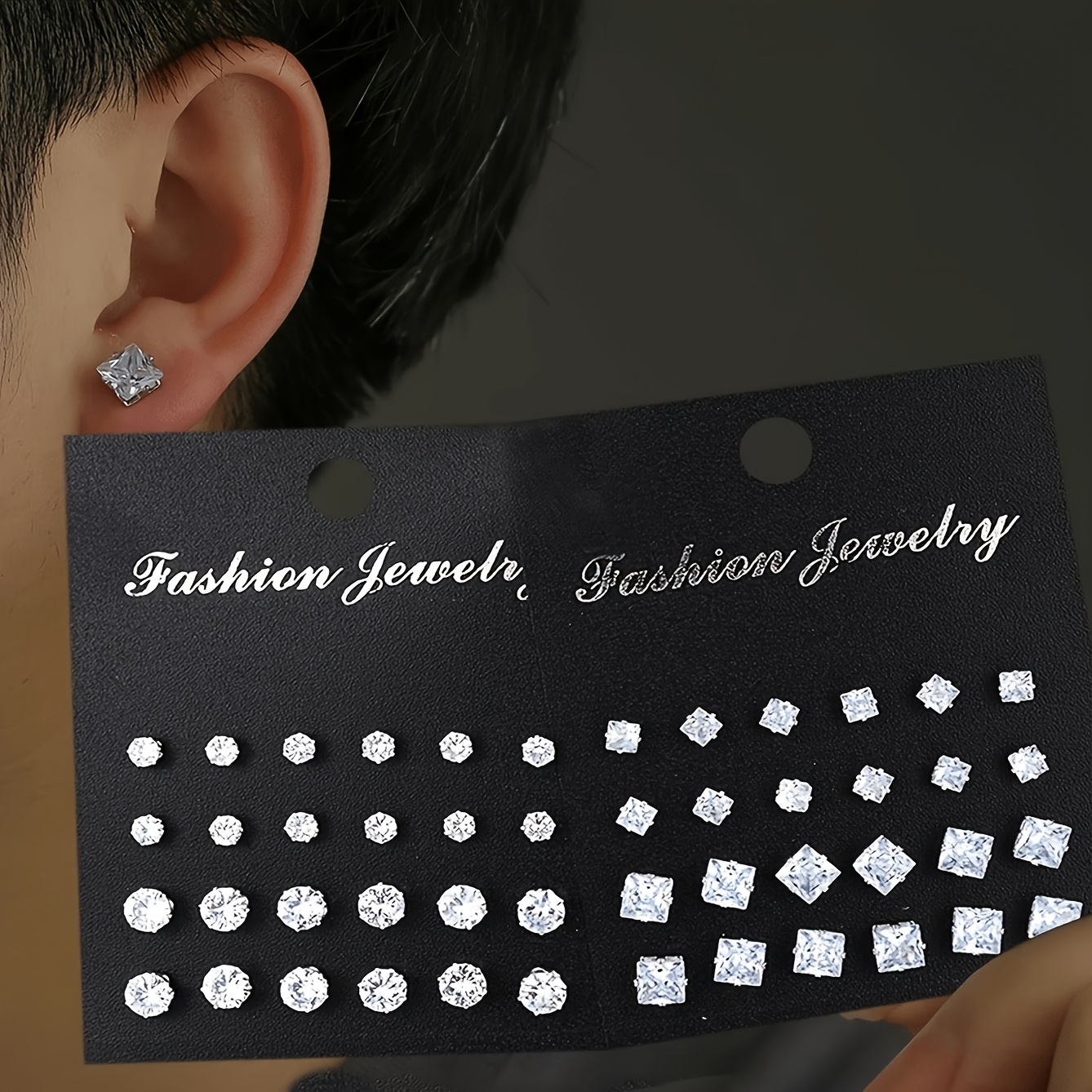 TEMU 24 Pairs Exquisite Easy Round And Square Rhinestone Stud Earrings Set, Fashionable Everyday Versatile Lightweight Jewelry, Light Luxury Elegant