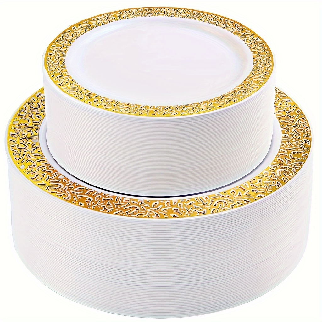 Rubtlamp Juego de vajilla desechable dorada de 700 piezas, platos de  plástico blanco desechables, resistentes, incluye 100 platos de cena  dorados, 100