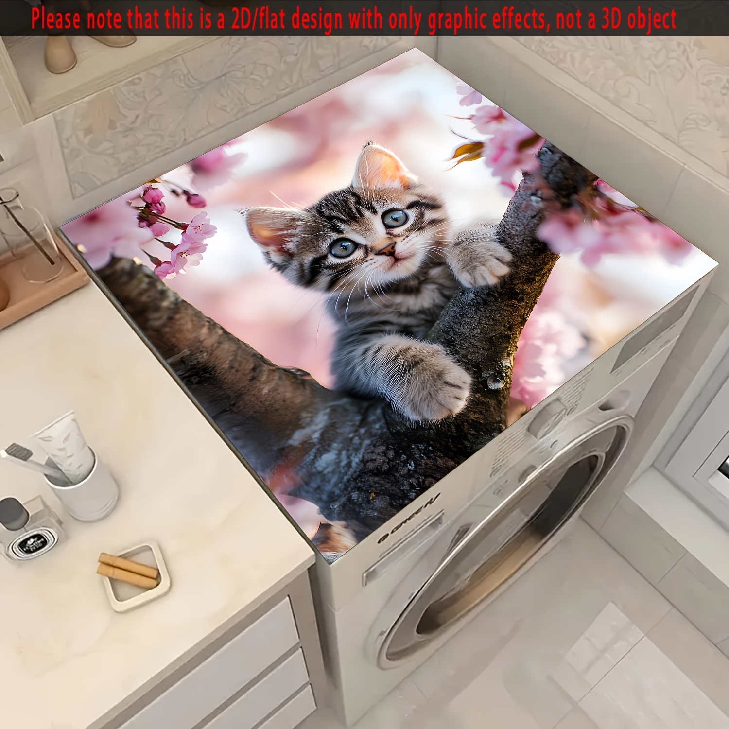 TEMU 1pc, 2d/flat Sakura Cat Washer Cover Mat, Polyester Non-slip Top Cover For Washing Machine And Dryer, Cute Kitchen Accent, Home And Bathroom