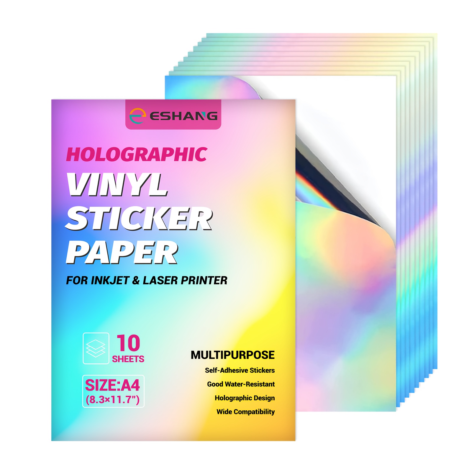 

10 Sheets A4 Size Rainbow Holographic Vinyl Sticker Paper, 8.3×11.7 Inch Self-adhesive Waterproof Stickers, Compatible With Printers