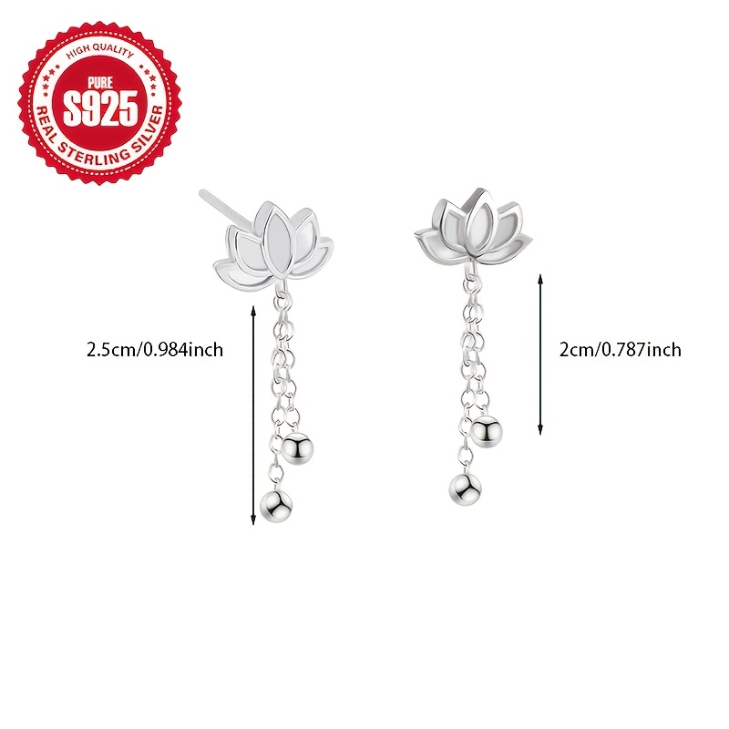 Women's S925 Silver Lotus Tassel Stud Earrings, Vintage Style