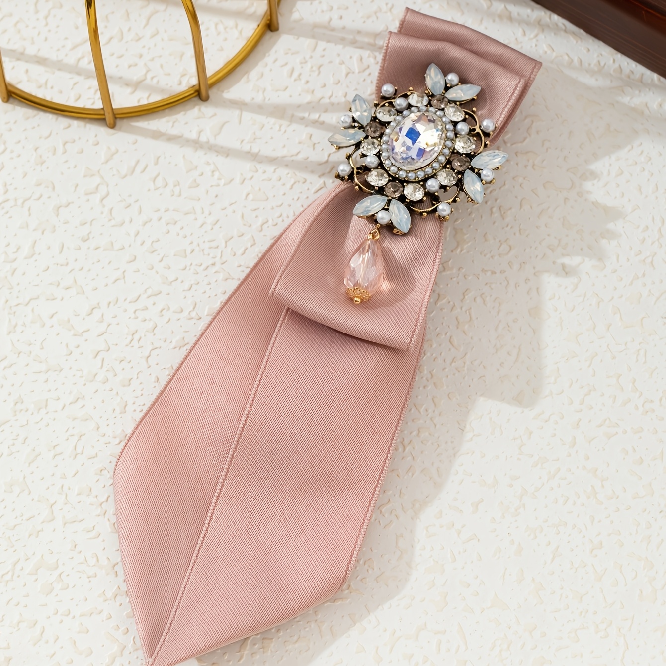 TEMU 1pc Satin Bow Tie Brooch, Floral Rhinestones Faux Pearl Pendant Collar Brooch, Retro Elegant Style, Decor For Suit Blouse Dress, Ideal Holiday