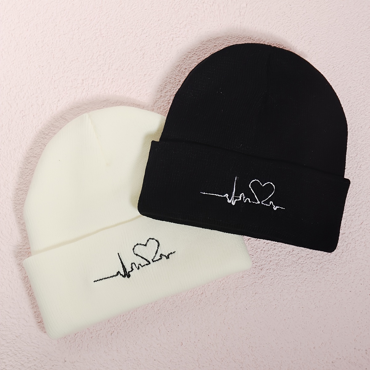 Image of Two-piece Women's Ecg Heart Pattern Beanie, Warm Embroidered Hat For Autumn And Winter, Simple And Versatile For Daily Wear, Unisex