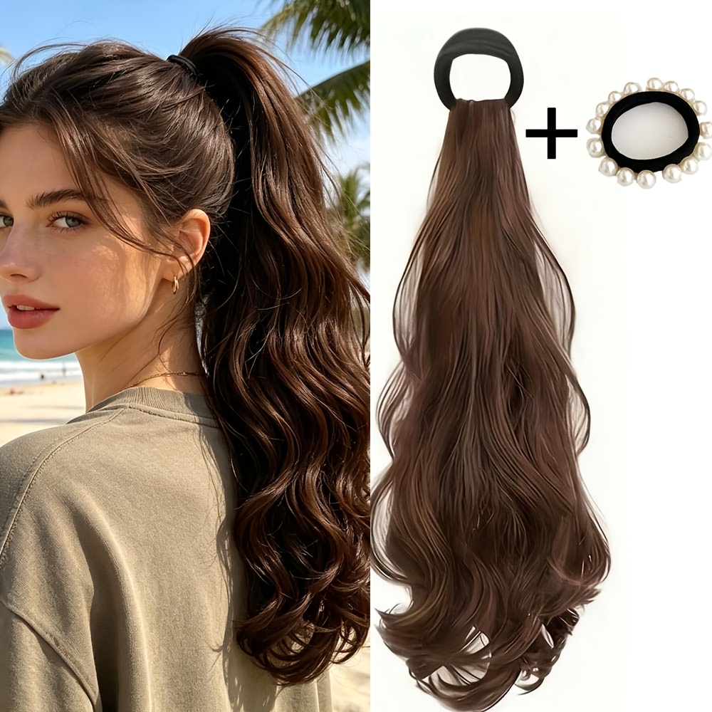 TEMU 22-inch Wavy Curly Ponytail Wig In Black, Light Brown, And Dark Brown. Made With Korean Layered Curly Synthetic Hair For A Stylish Look. Comes