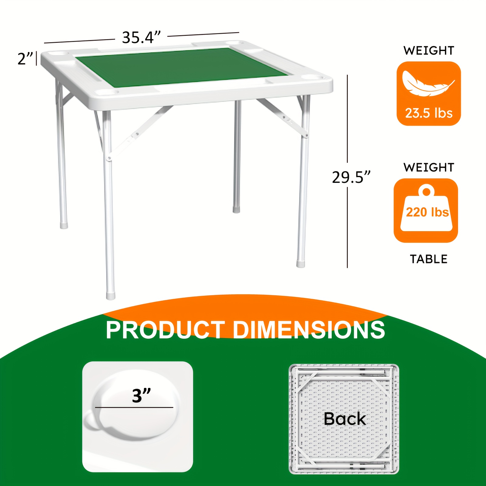 EVOKEDEN Foldable Felt Mahjong Table with Green Felt Top - White Plastic Card Table for Mahjong, Poker & Board Games, Portable Compact Design, No Assembly Required, Portable Game Table, Elegant Furniture, Durable Plastic