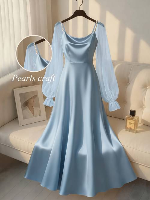 pearl strap satin maxi dress mesh puff sleeve off shoulder evening gown