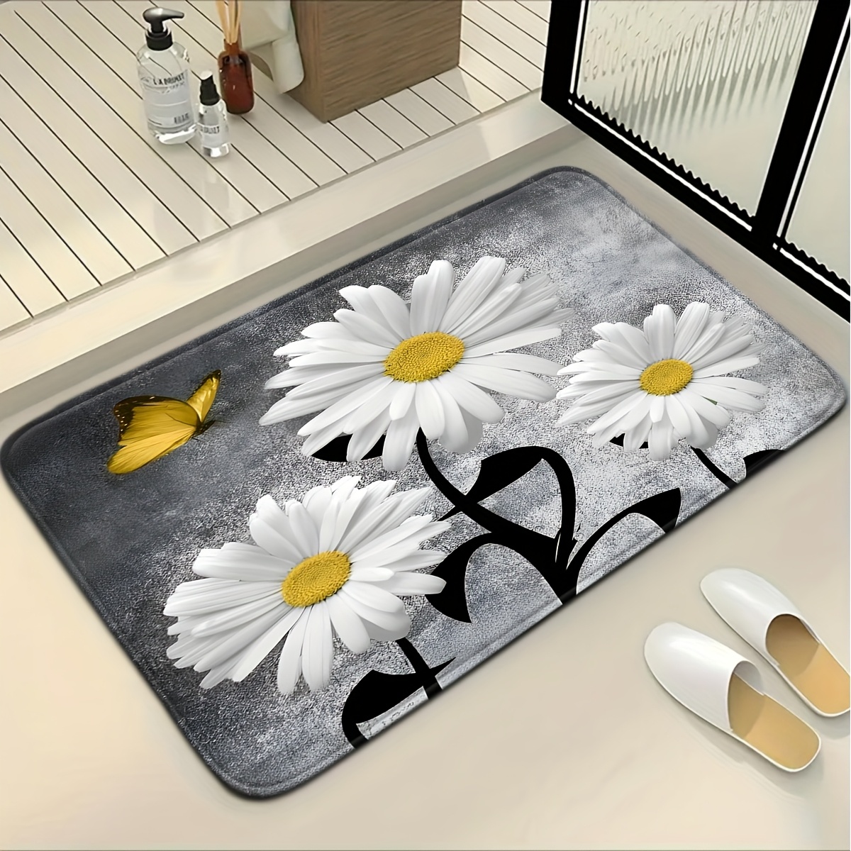 TEMU 1pc Hd 2d Flat Printed Floor Mat, Gray Background White Daisy Retro Pattern. Soft Fleece Material, Point-sewn Bottom, Machine Washable And Easy