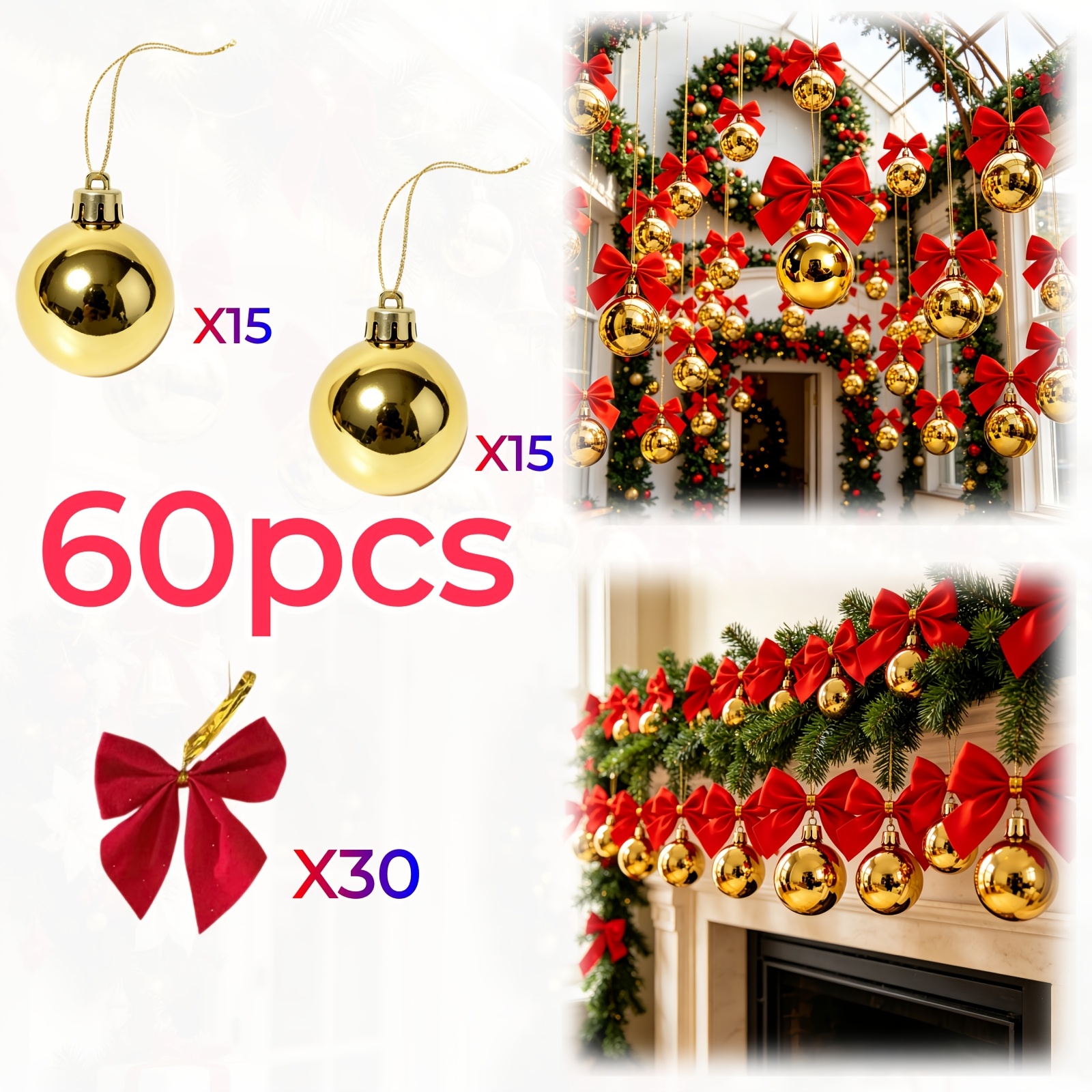 TEMU 60pcs Luxury Hanging Glossy Golden Christmas Ornaments With Red Bows, An Essential For Holiday Decorations, Suitable For Christmas, Halloween,