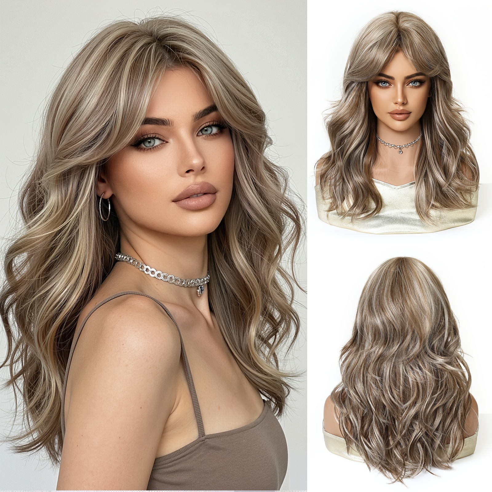 TEMU 20 Inch Women's Brown Platinum Highlight Air Bang Wavy Perm Fiber High-temperature Wig Cover, Elegant And Dynamic Suitable For Work, School,