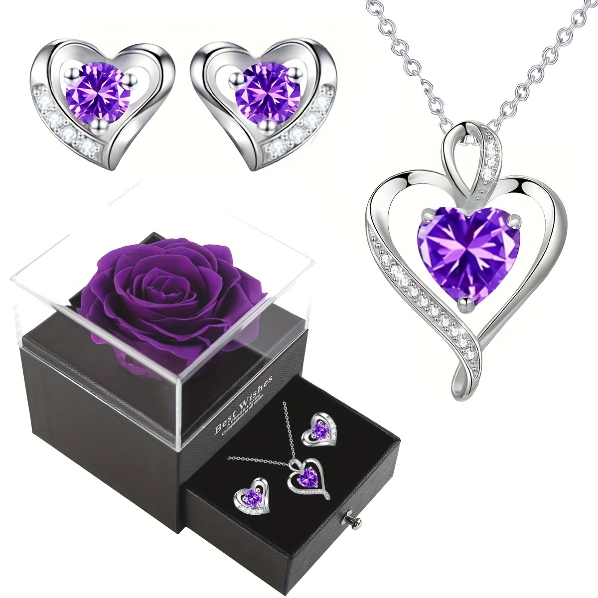 

[ Moments] Elegant Heart-shaped Jewelry Set With Purple Gemstones - Includes Necklace, Earrings, And Rose Gift Box - Women, Mom, Wife, Daughter On Valentine's Day, Anniversaries, Day, Birthdays