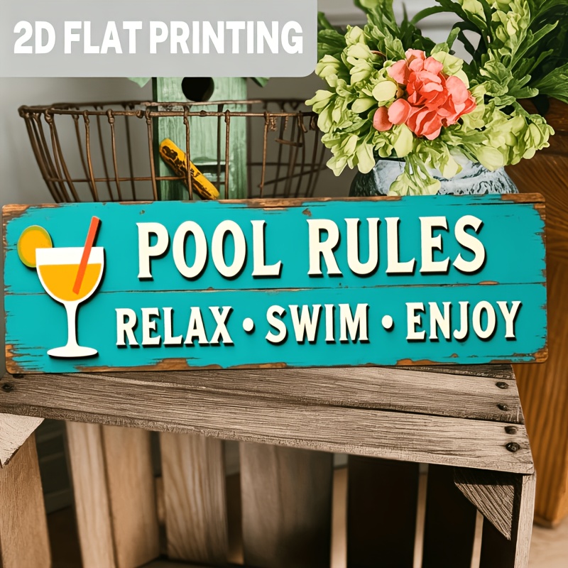TEMU 2d Flat, 1pc, Rustic Pool Rules Aluminum Sign Summer Relaxation Wall Decor For Poolside, Patio, Backyard, Bar, Decorative Sign, 5x16 Inch