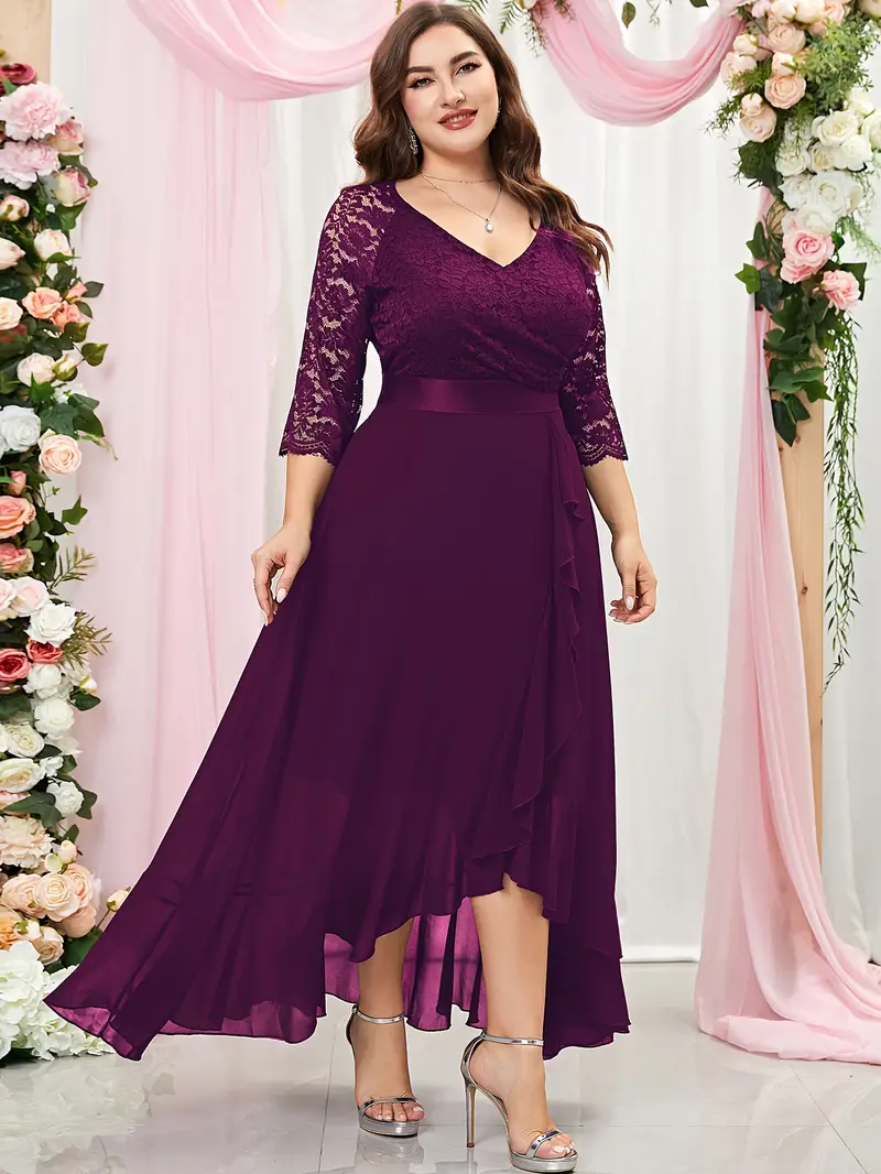 Plus Size - Plus Size - YP23088 Elegant Plus Size Floral Lace Bridesmaid Gown, V-Neck 3/4 Sleeves, Asymmetrical Ruffle Hem * Formal Events, Plus Size - Plus Size - YP23088 Elegant Plus Size Floral Lace Bridesmaid Gown, V-Neck 3/4 Sleeves, Asymmetrical Ruffle Hem * Formal Events,