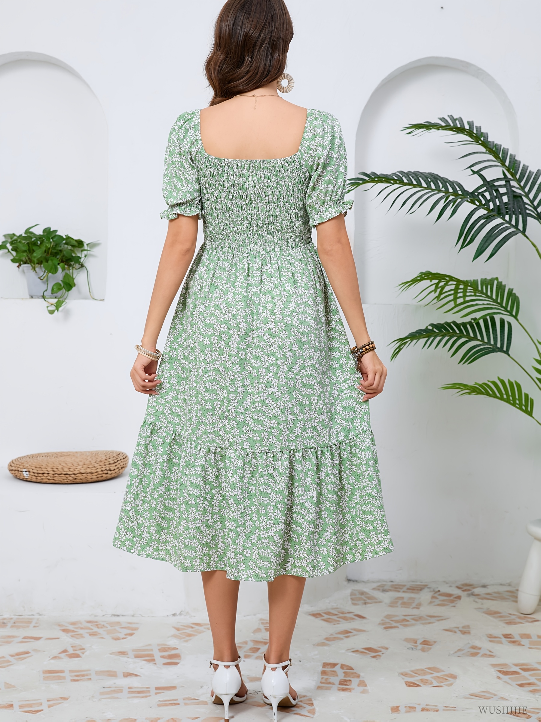 what color shoes go with kelly green dress Green Floral Puff Sleeve Midi Dress - All Dresses main image 1