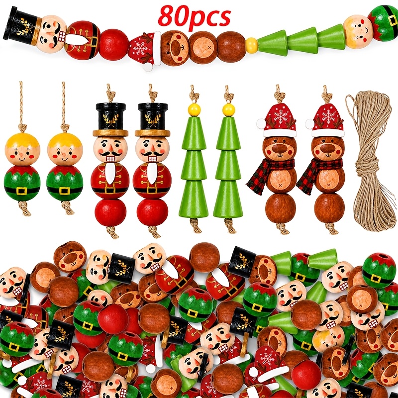 TEMU 48pcs/80pcs Perles en bois de Noël, décorations suspendues de fêtes, soldat de Noël, homme d', , elfe, série de perles en bois sur le thème de