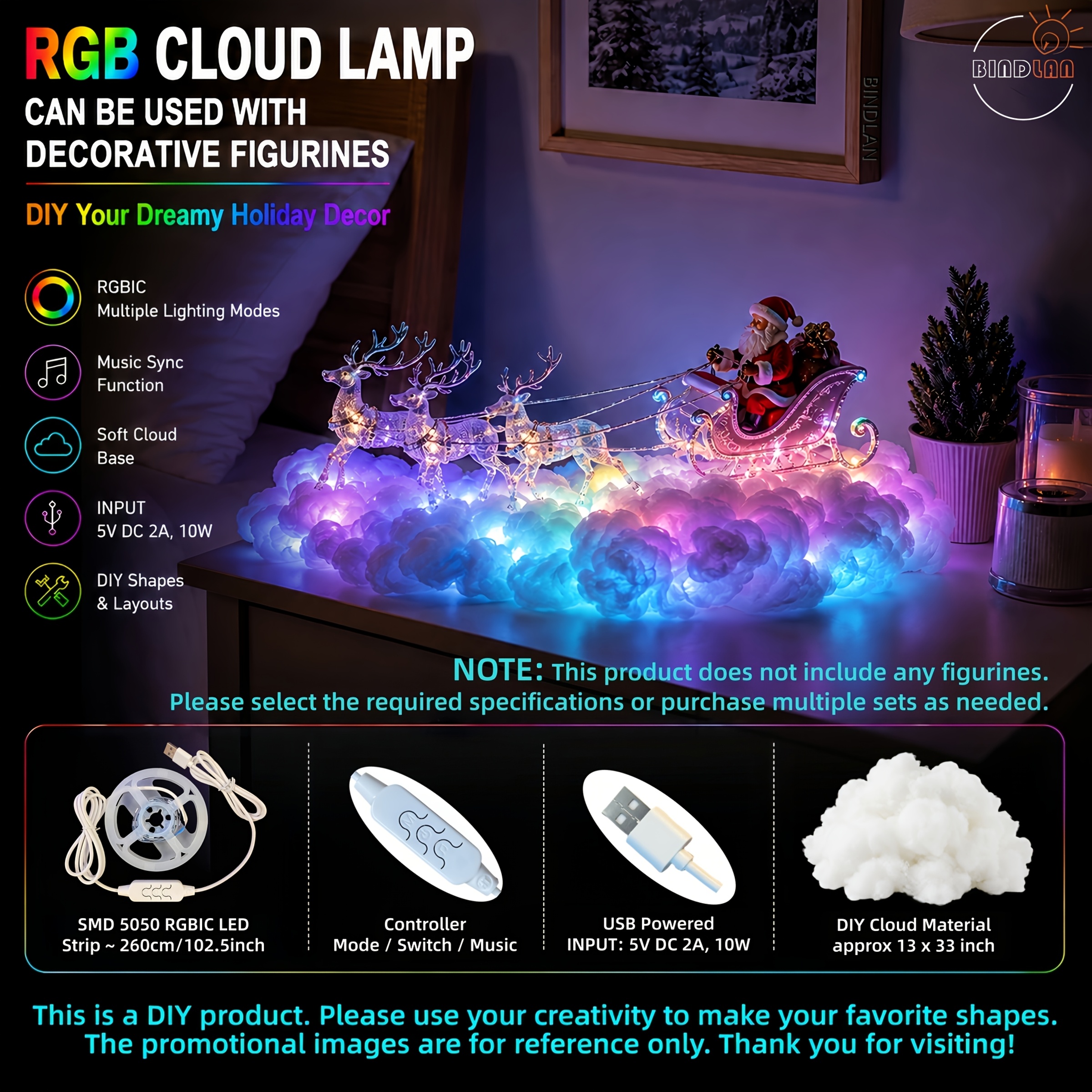 TEMU Lampe Nuage 3D (Pas de Père Noël) avec Synchronisation , Lampe LED à Capteur, Flexible, Compatible avec Toutes les Figurines, Lumière Festive,
