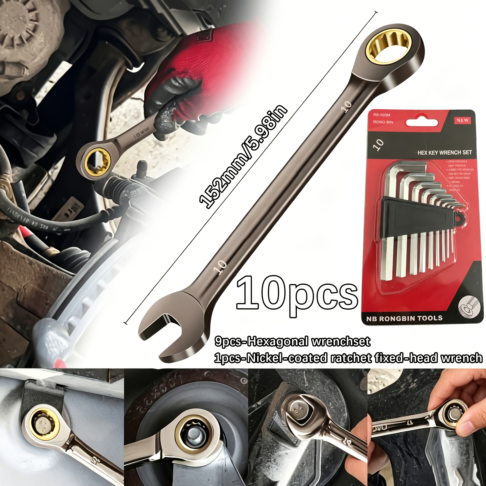 TEMU 10pcs (1pc-nickel-plated Ratchet Fixed-head Wrench And 9pcs-hexagonal Wrench Set) Nickel-plated Surface Wrench, 72-tooth Ratchet Wrench, Chrome