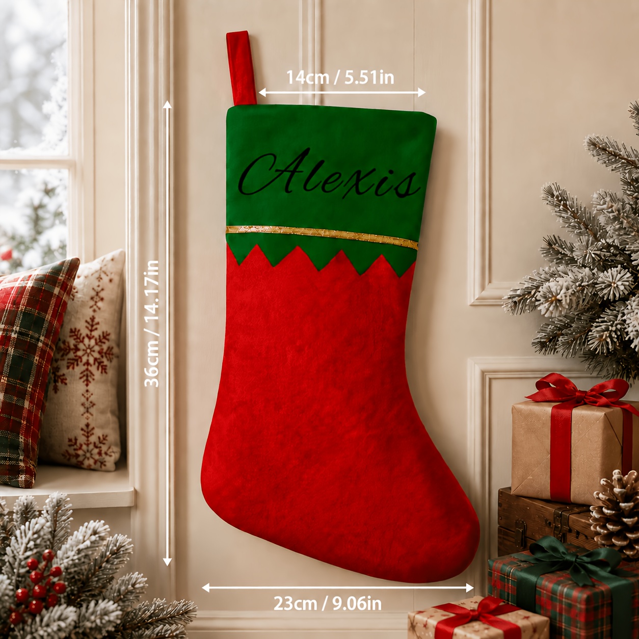 TEMU Personalized Christmas Stocking For Family Holiday Decor, Custom Name Red & Green Fabric Stocking With Hanging Loop, 14.17in Christmas Sock For