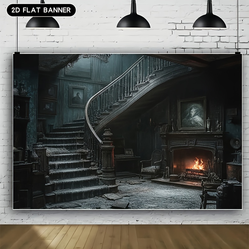 TEMU 1pc Gothic Mansion Backdrop Banner - Vintage Haunted House Design, 39x59 .8x90.5 Inch Polyester Fabric, No Electricity Needed For Halloween,