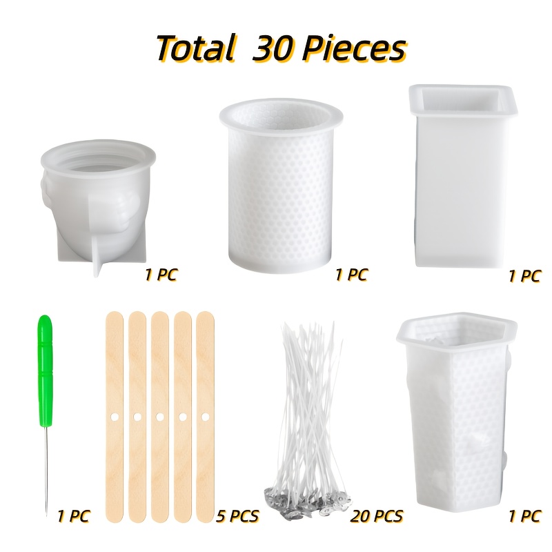 E-shop 30-teiliges Honigförmiges Kerzenherstellungs-Set, inklusive 4 Silikonformen, 20 Dochten, 5 Dochthalter 1 Anzündstift. Ideal für