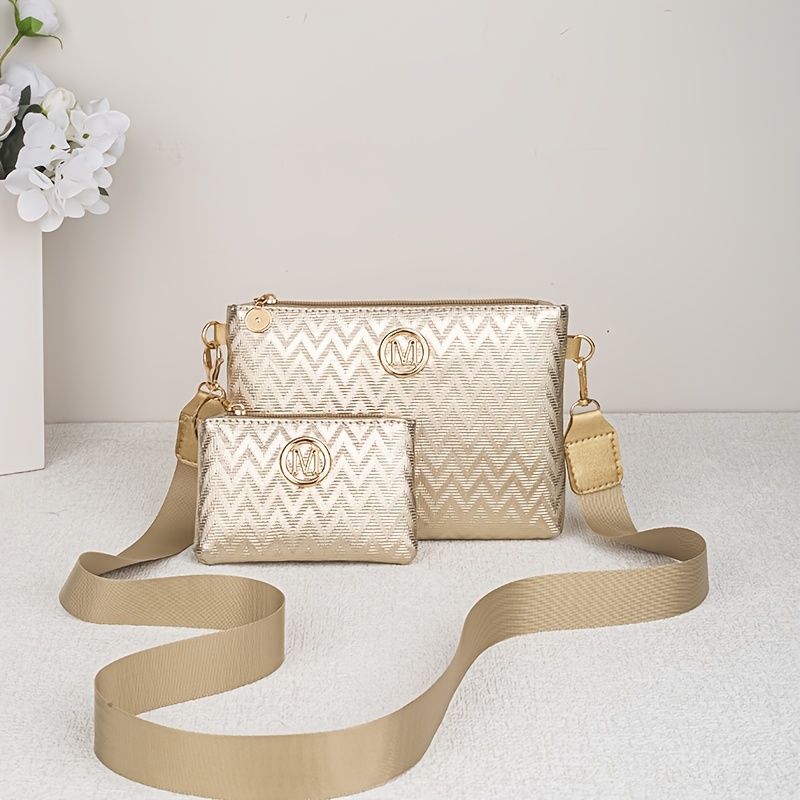 TEMU Fashion Metallic Texture Crossbody Bag With Detachable Mini Coin Purse, Women's Trendy M-branded Handbag, Lightweight Wide Strap Shoulder Bag