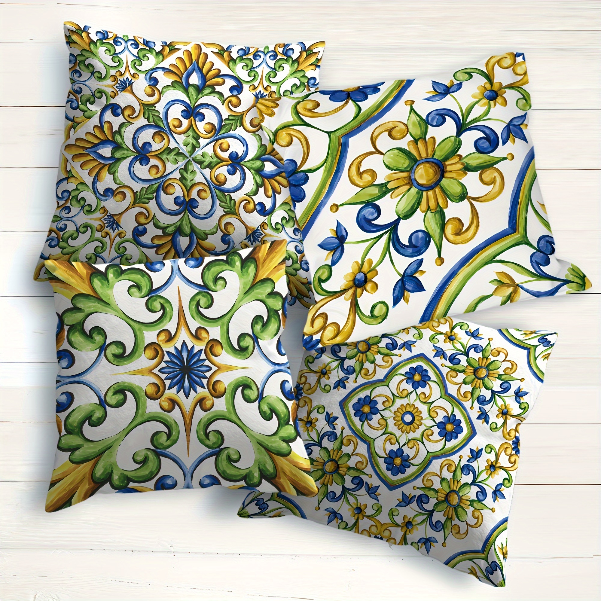 

4-piece Set Bohemian Persian Waterproof Throw Pillow Covers - 18x18 Inch, Green & Blue Floral Design For Outdoor Patio, Garden, And Sofa Decor