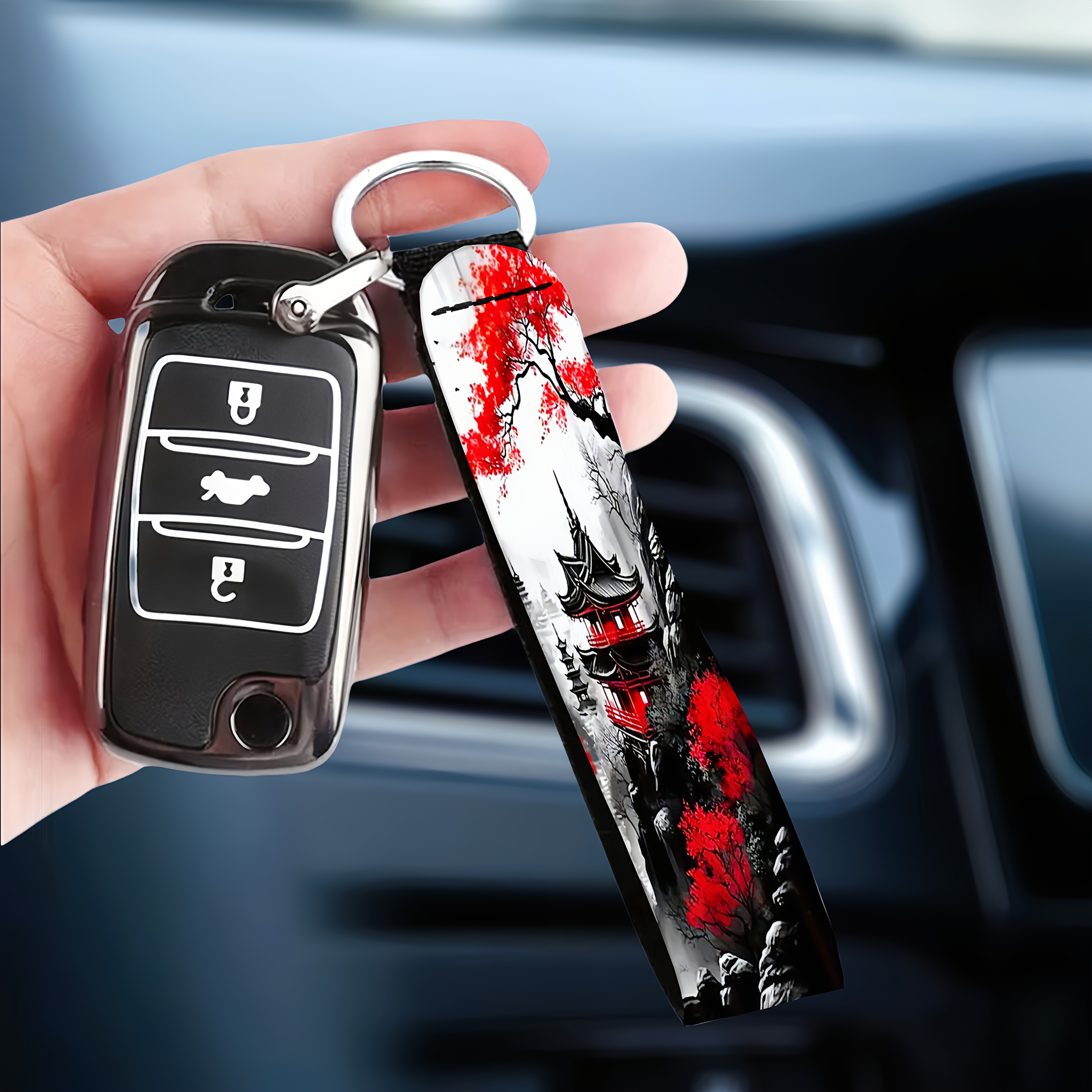 E-shop 1 Stück Japanische Serie Landschaftsmalerei Muster Auto Schlüsselanhänger, Geeignet für Autos, Kameras, Rucksäcke, Mobiltelefone,