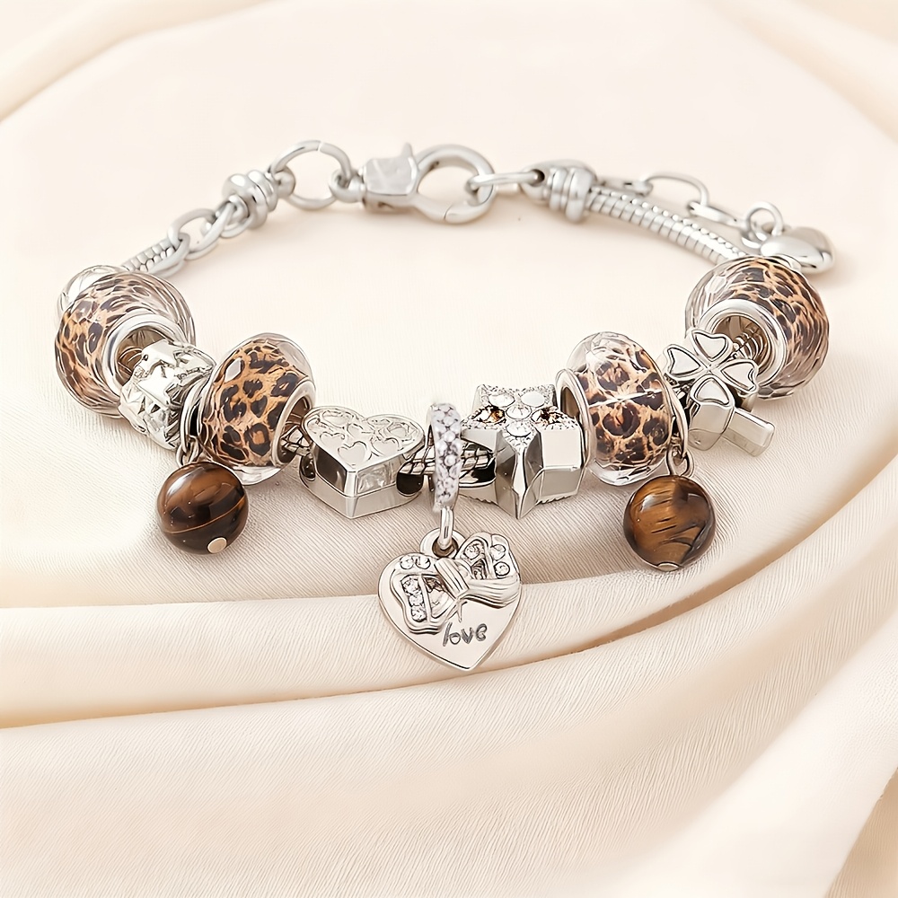 TEMU Bracelet à perles à faire soi-même avec perles à imprimé léopard et d'œil de tigre, réglable, idéal pour un cadeau de fêtes