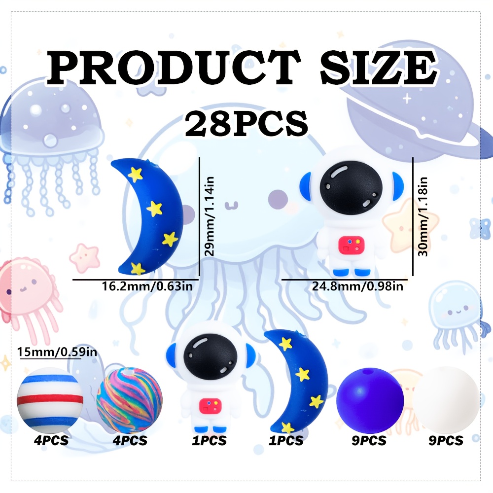 TEMU 28pcs 3d Astronaut-shaped Silicone Bead Set, Includes Moon Epoxy Style Combination, 15mm Red, Blue, White Round Beads, Diy Creative Handmade