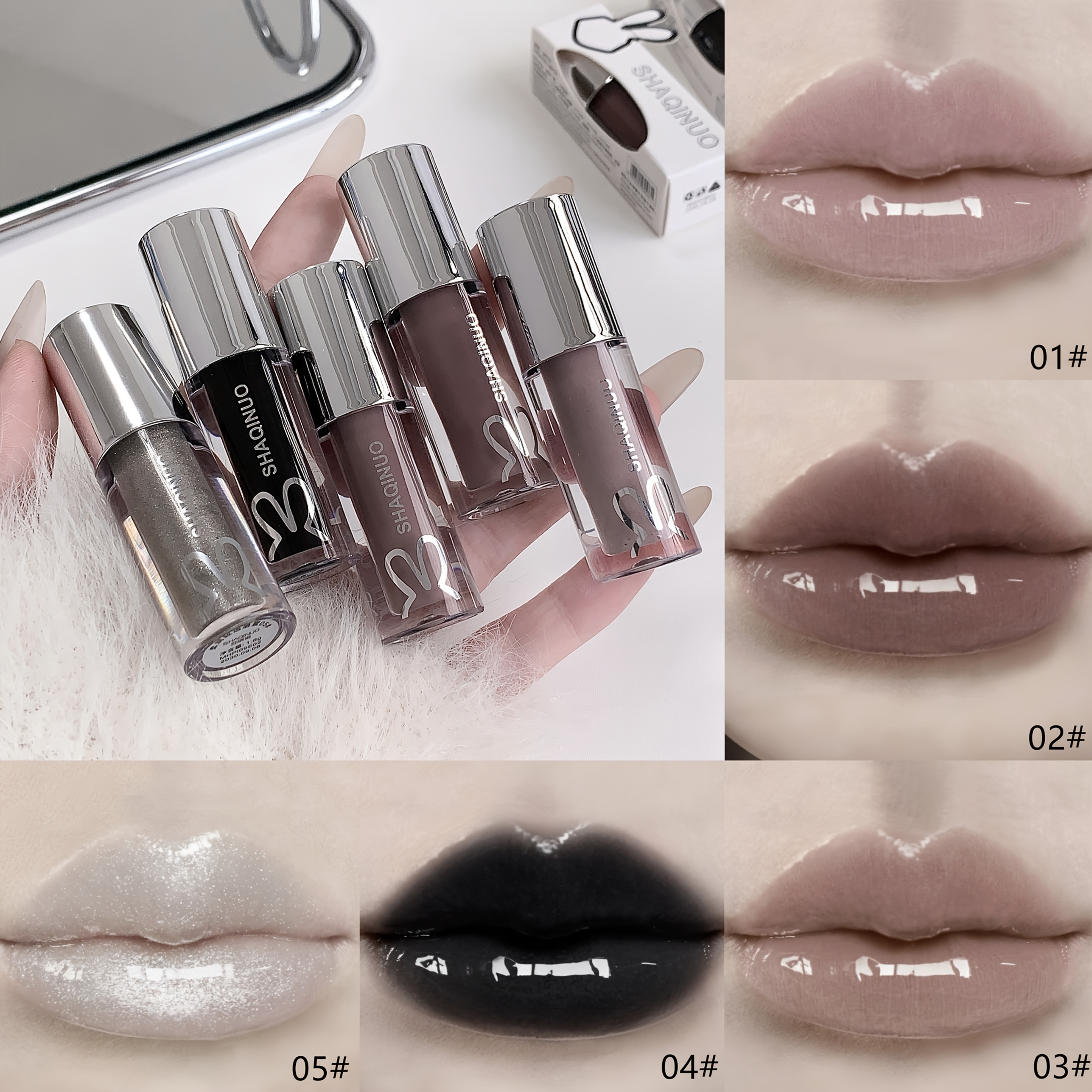 TEMU 5pcs Lip Gloss & Lip Oil 5pcs Set - Smoky Mirror & Glass-finish Hydrating Suitable For Skin Types, Creamy Shimmering Lip Gloss With Layered
