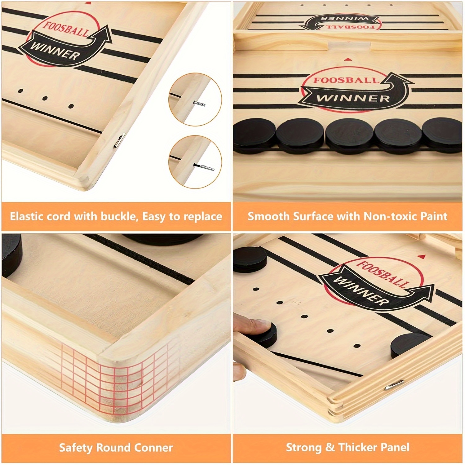Fast Sling Puck Game - Exciting Wooden Tabletop Battle with Black & White Pucks for Quick Thinking & Reflexes, Interactive Desktop Foosball Game, Light Brown Frame