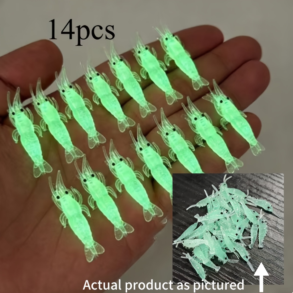 TEMU 14 leurres crevettes phosphorescents, appâts de pêche en plastique souple, jigs de crevettes réalistes pour eau douce et eau salée, idéaux pour