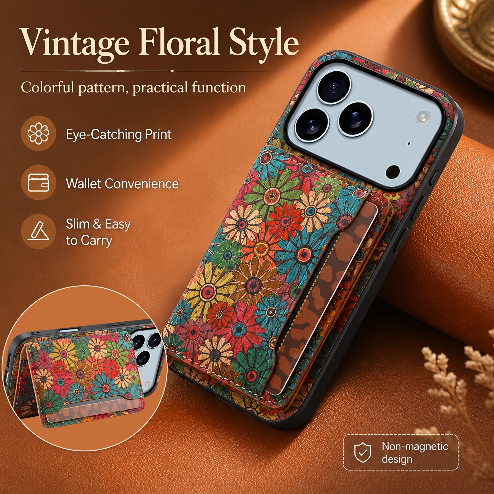 phone case   wallet phone case for iphone 17 to 12 series with a   card holder 3 cards increased camera protection floral printing cork material shockproof protection hand made high quality   for women and Product details 0