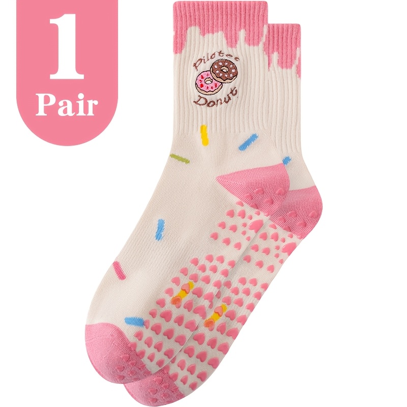 TEMU Chaussettes de yoga et pilates pour femmes, style doux, broderie donut, lait avec manchon rose crème , design et coloré à motif de sucre,