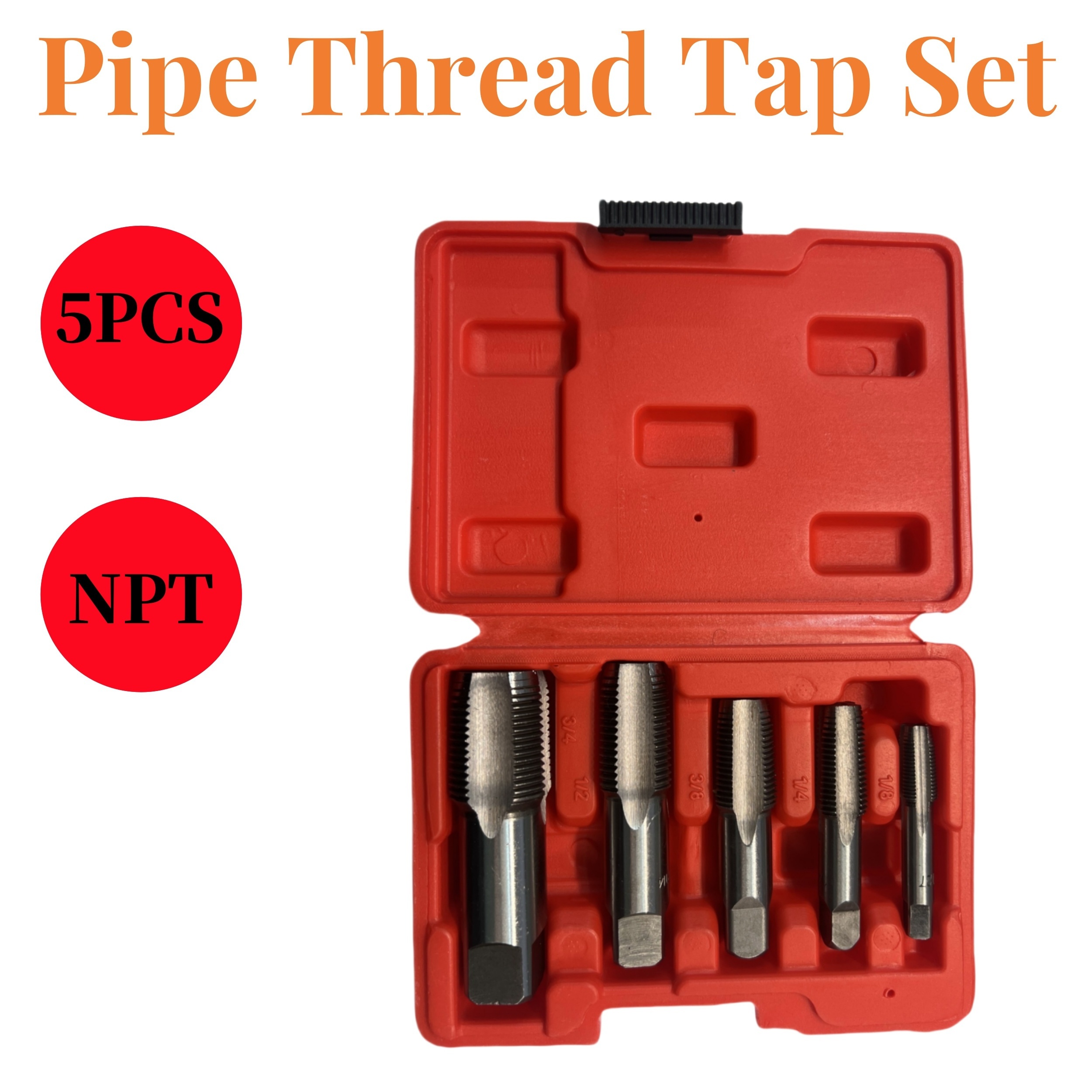 

5pcs Npt Thread Tap Set, - Steel For Cleaning Or Reinstalling Damaged Or Stuck , 1/8", 1/4", 3/8", 1/2", 3/4", 1