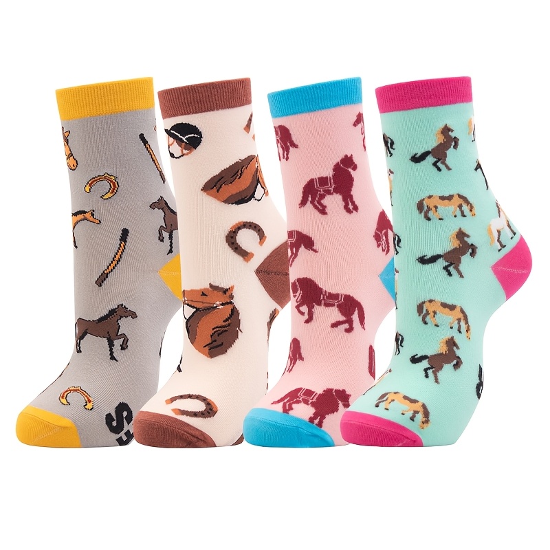 

4-pack Fashionable Horse Pattern Knee-high Socks For Women, Polyester And Spandex , Animal Print, Casual Hip-hop , Hand Washable