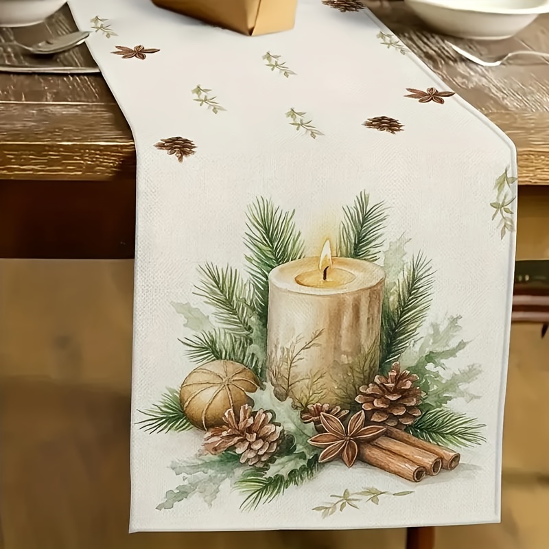 

1pc, Christmas Runner, Polyester, Rectangular, Woven, Candle And Pine Cone Design, Home Decor, Indoor & Outdoor Party, Christmas Decor For Kitchen And Dining Room