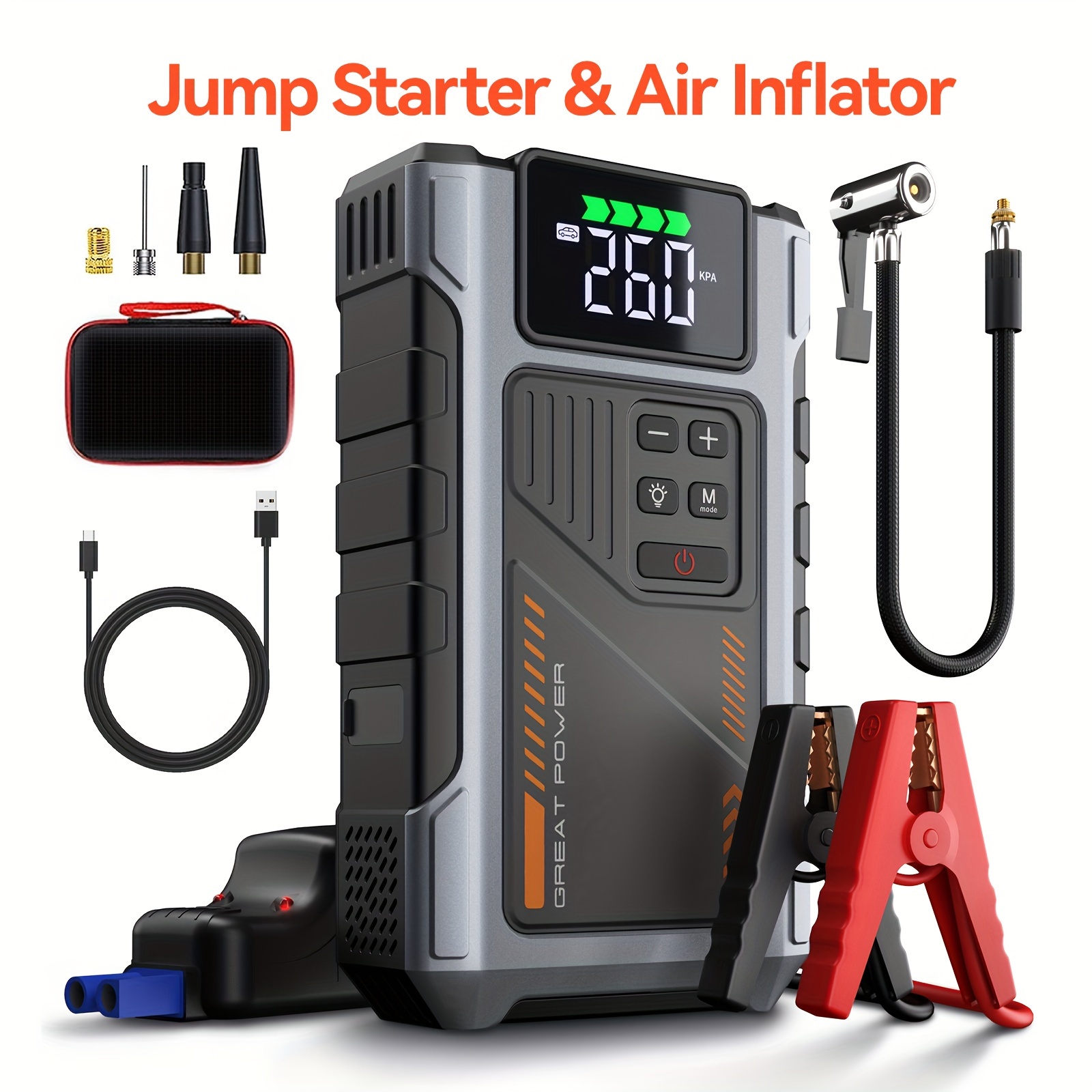 

Portable Car Jump Starter With Air Compressor 2500a (8.0l Gas, 6.5l Diesel) With 150 Psi Tire Inflator, 12v Car Battery With Led Light, Geeneu , 5 In 1 Jump Pack, Battery Charger