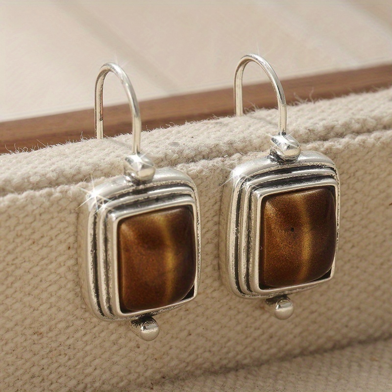 TEMU Chic Bohemian Handcrafted Drop And Dangle Earrings Featuring A Vintage-inspired Synthetic Tiger Eye Gemstone Pendant, Ideal For Everyday Use,