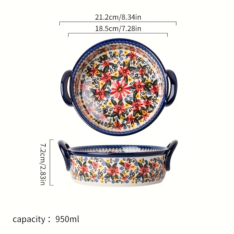 TEMU 1pc Vintage Style Ceramic Serving Bowl 950ml With 2 Handles Microwave Safe Beautiful Display Piece