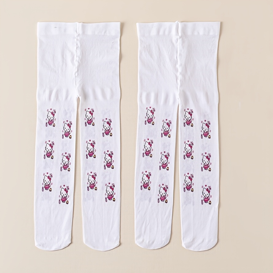 Image of 2-pair Girls' Cute Cat Print White Tights - Lightweight And Breathable For Spring/summer, , Hand Wash Only,fall And Winter Clothes