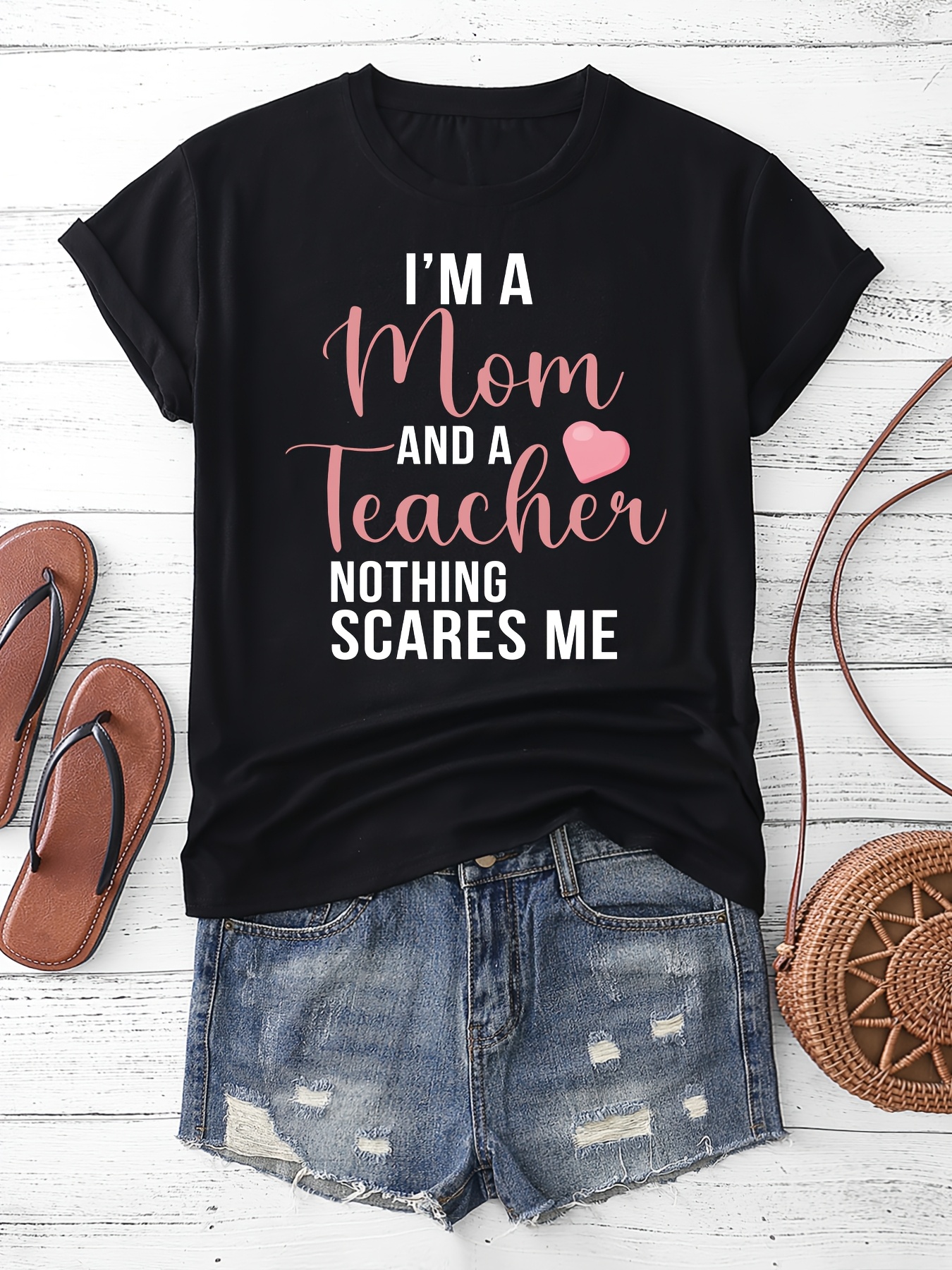womens im a mom teacher   scares me graphic t shirt black casual short sleeve round neck tee with pink lettering machine washable   fit for casual attire       shirt relaxed fit shirt