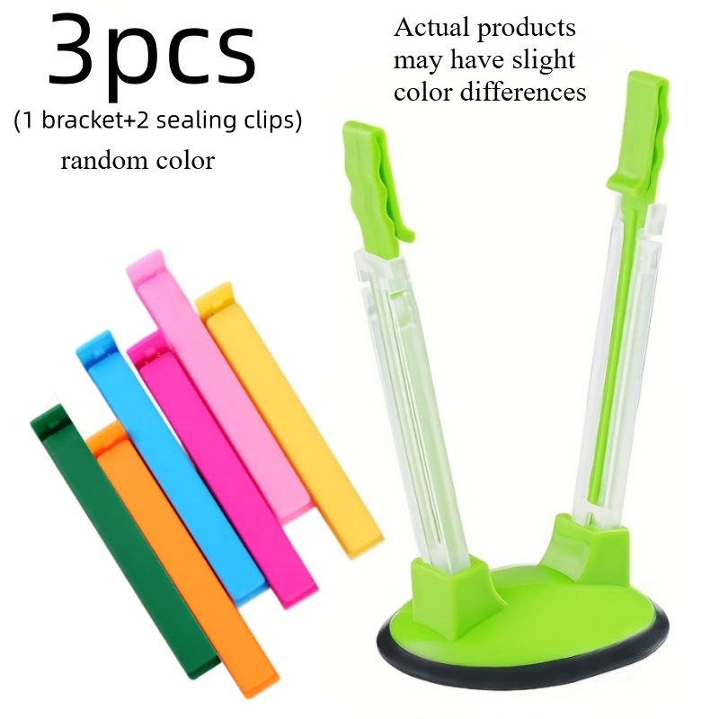 TEMU 3pcs Adjustable Food Bag Support Bracket (1 Bracket+2 Sealing Clips) With Dual Arm Extension And To Various Bag Types, Anti Slip Base Stable And