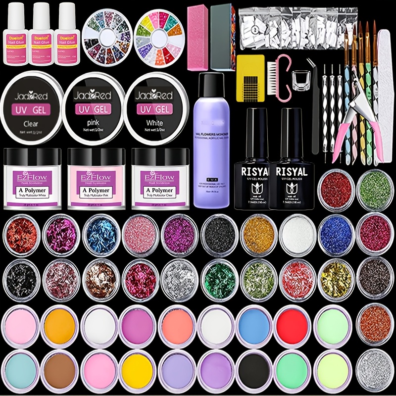 TEMU Acrylic Nail Kit With 500 Tips & 42 Glitters, -one Manicure Set With Lamp, Acrylic Powders & Gels, Rhinestone Wheels, Massive Home Nail Art