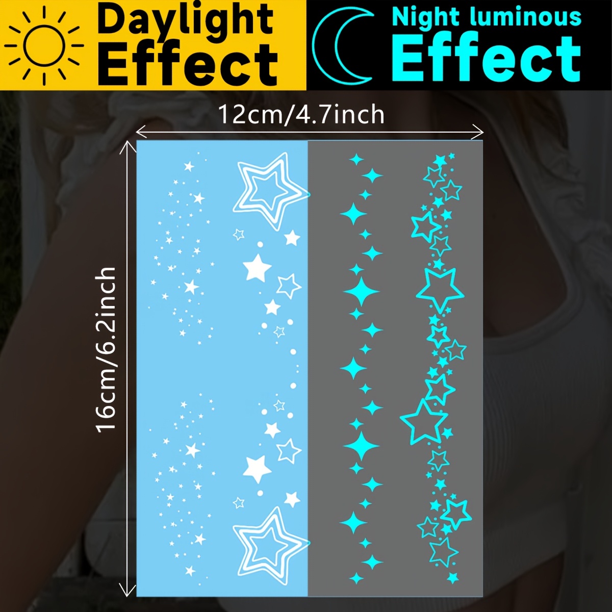Fluorescent Glow In The Ink Luminous Temporary Tattoo Stickers Featuring Art, Shiny Starry , Sparkling Waterproof Fake Tattoos For Face And Body, Lasting 2 To 5 Days, Cover, 1pc