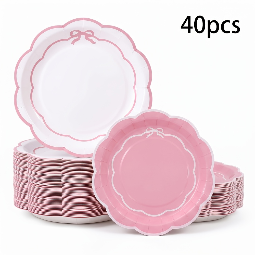 TEMU 20/40pcs,coquette Pink Bow Scalloped Paper Plates, Pink Bow Scalloped Disposable 7in & 9in Paper Plates, Wavy Edge Party Plates With Bow Outline