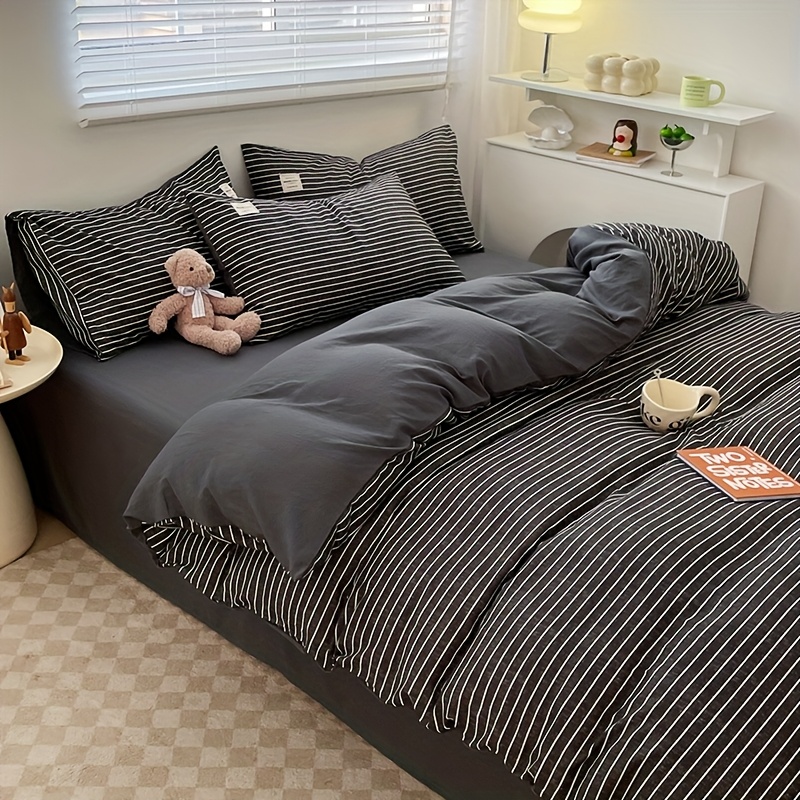 TEMU 4 pezzi set copripiumino (1*copripiumone + 1*lenzuolo + 2*federe, escluso il cuore del ), set biancheria da letto con linee stampate in e , e