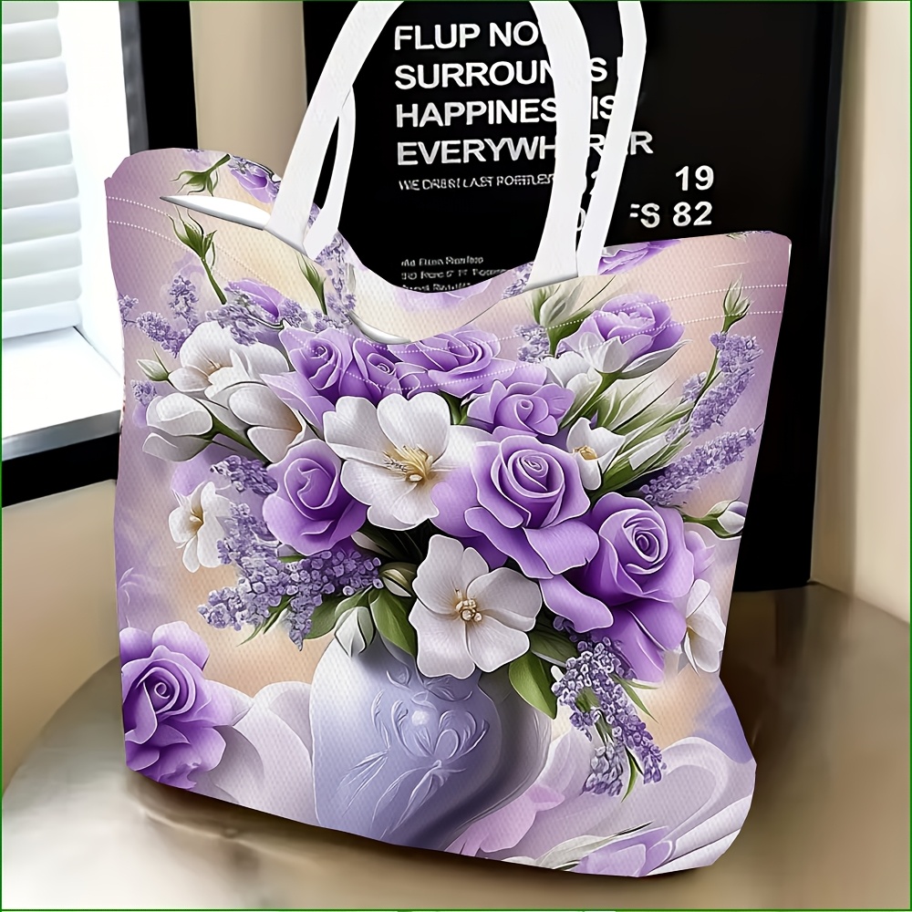 TEMU 1pc Exquisite Shoulder Bag, Purple Bouquet Pattern Women'-shoulder Bag, Multi-functional, Handbag, Clutch, Evening Handbag, Travel Essential,
