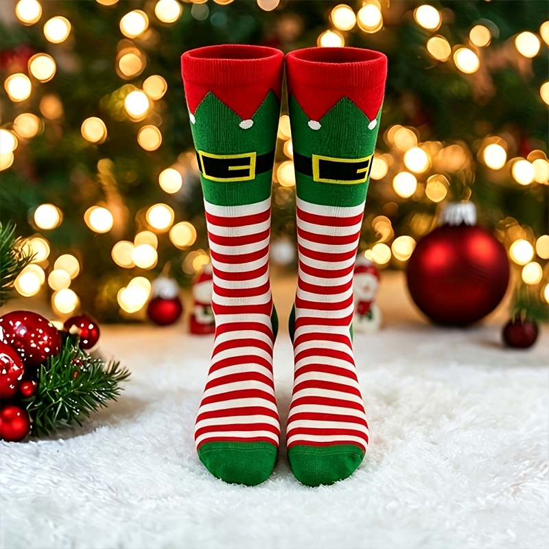 TEMU 1 Pair Of Christmas Elf Santa Claus Thigh-high Stockings, Festive Knee-high Socks With Red And Green Striped Waistband Design, Christmas Cosplay