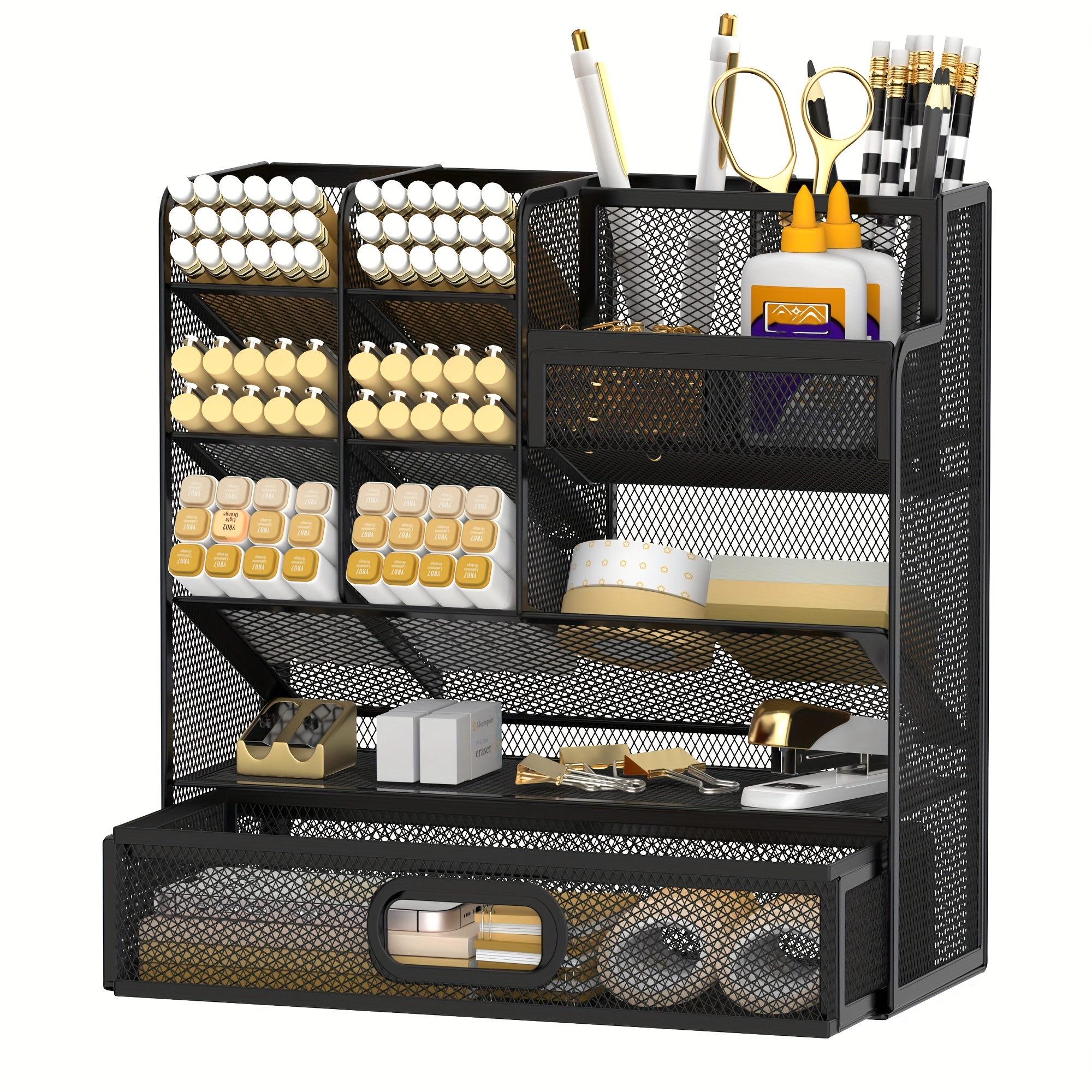 TEMU Daltack Desk Organizer With Drawer, Multifunctional Mesh Desk Pen Organizer, Desk Organizer With Pen Holder And Accessories For Office And Art