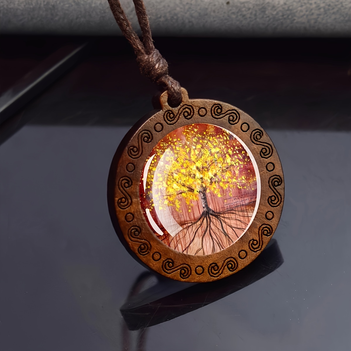 

Boho Wooden Tree Of Life Necklace With Glass Cabochon Charm - Handcrafted Unisex Rope Chain Jewelry, No Plating